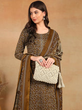 Women Brown Cotton Blend Ethnic Motifs Printed Straight Kurta Trouser With Dupatta-VKSKD2216BRN